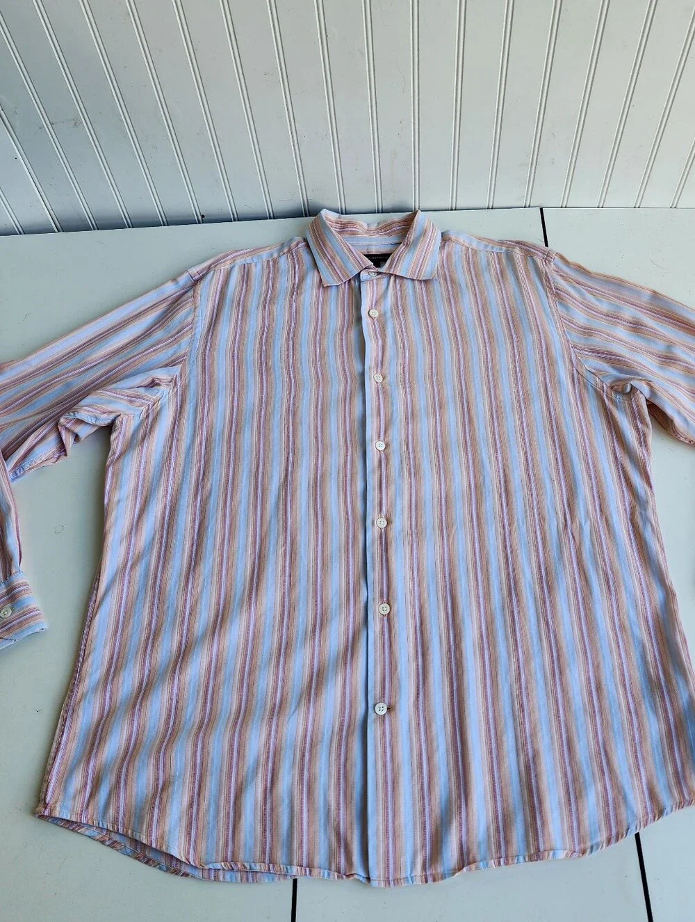 Banana Republic Button Up Shirt Pastel Blue Peach Orange Stripe Long Sleeve Sz L